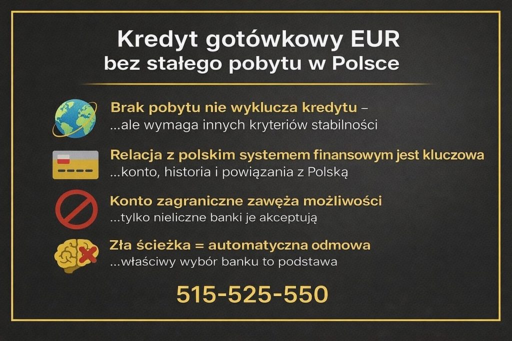 Grafika informacyjna o warunkach kredytu dla osób mieszkających za granicą. Wyjaśnia znaczenie konta w Polsce, historii kredytowej oraz ryzyko automatycznej odmowy przy złej ścieżce bankowej.