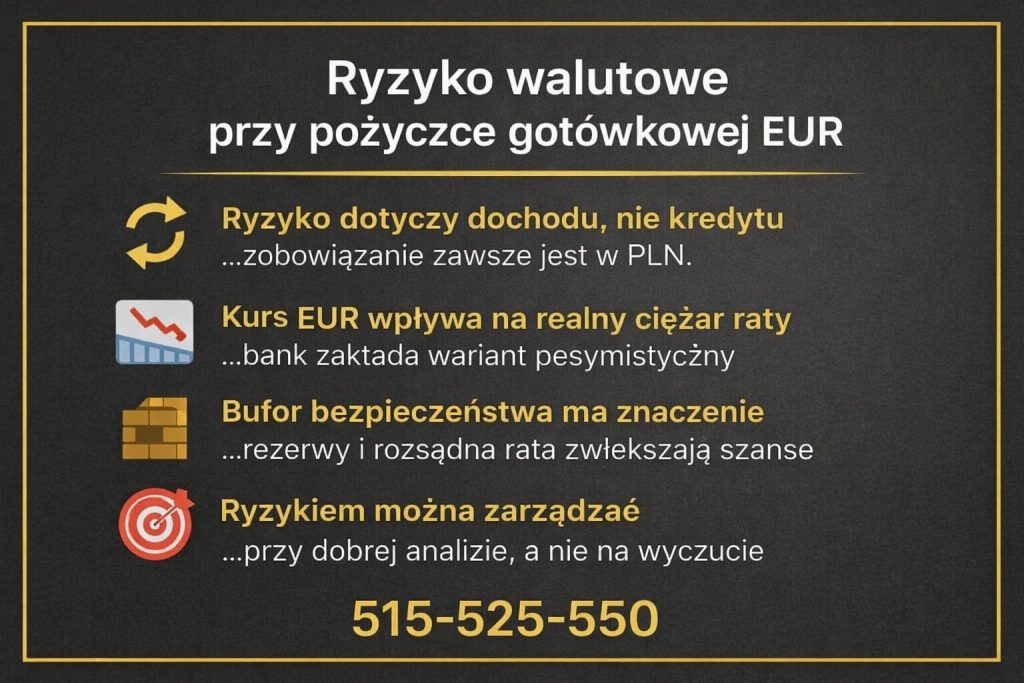 Grafika pokazuje wpływ kursu EUR na realny koszt raty w PLN. Wyjaśnia znaczenie bufora bezpieczeństwa, rezerw finansowych oraz świadomego zarządzania ryzykiem walutowym.