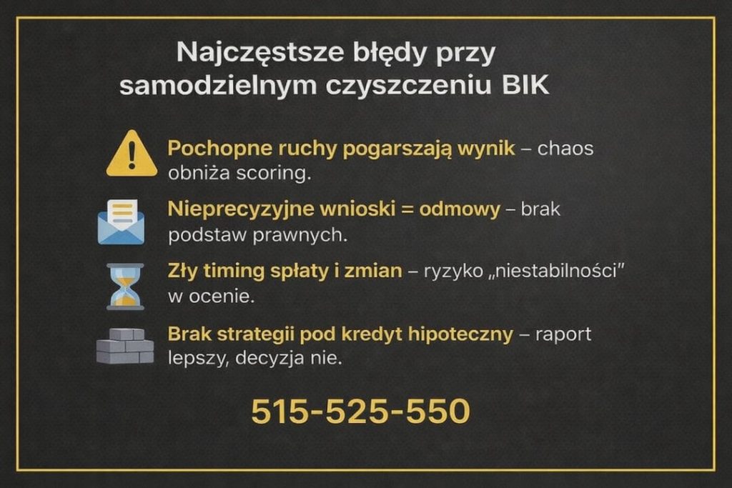 Infografika pokazująca najczęstsze błędy przy samodzielnych próbach poprawy historii kredytowej. Grafika wyjaśnia, jak pochopne działania, nieprecyzyjne wnioski i zły timing obniżają scoring oraz zmniejszają szanse na kredyt hipoteczny.