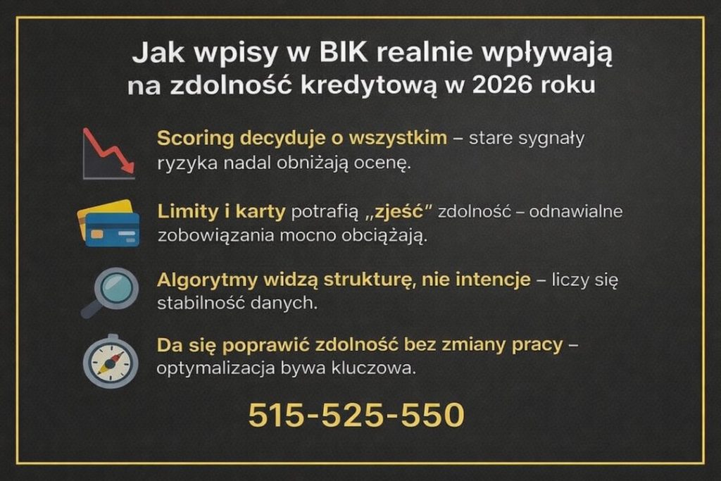 Infografika wyjaśniająca, jak scoring, limity i karty kredytowe wpływają na ocenę ryzyka banku. Grafika pokazuje, że optymalizacja danych w BIK może poprawić zdolność bez zmiany pracy.