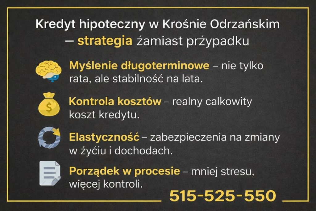 Doradca finansowy Krosno Odrzańskie – kredyt hipoteczny zaplanowany strategicznie zamiast przypadkowo. Analiza kosztów, elastyczność umowy, bezpieczeństwo finansowe i porządek w całym procesie kredytowym, pozwalające spokojnie kupić mieszkanie lub dom.