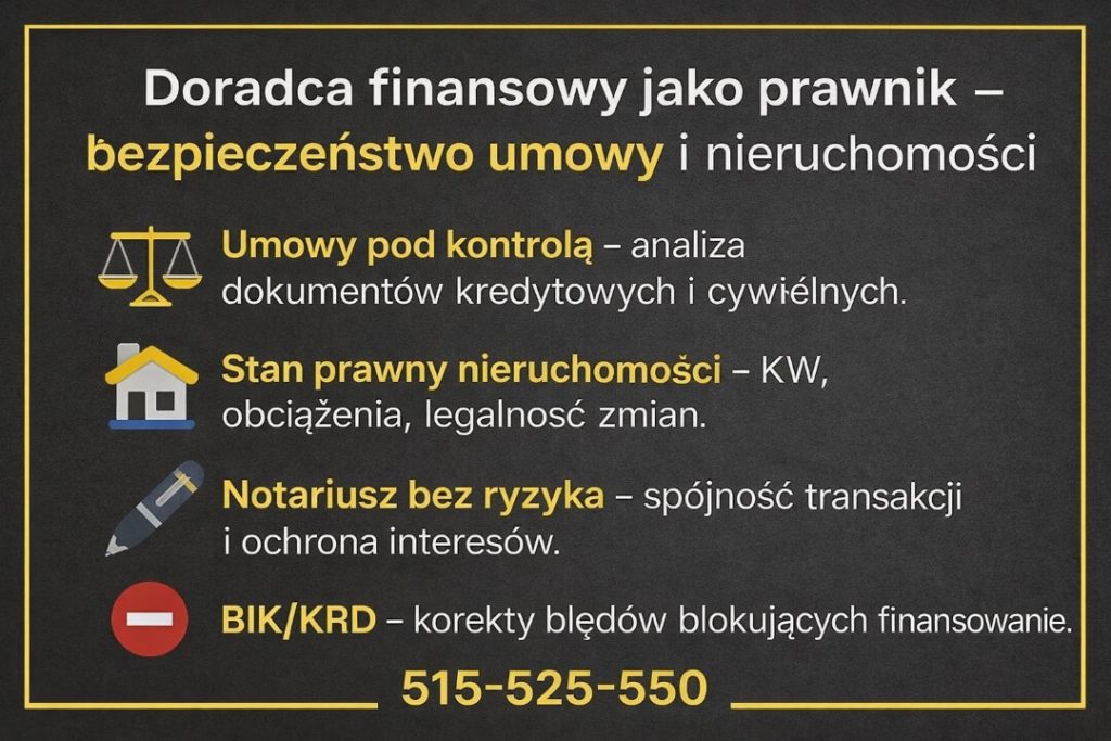Doradca finansowy Krosno Odrzańskie jako prawnik – bezpieczeństwo umowy kredytowej i nieruchomości. Analiza dokumentów, weryfikacja stanu prawnego, wsparcie przy akcie notarialnym oraz korekta wpisów BIK i KRD blokujących finansowanie.