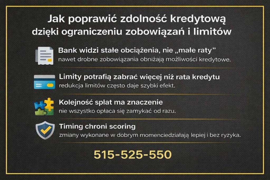 Jak poprawić zdolność kredytową poprzez ograniczenie zobowiązań i redukcję limitów kredytowych. Infografika pokazuje, że bank analizuje stałe obciążenia, kolejność spłat oraz timing zmian, które wpływają na scoring i realne możliwości uzyskania kredytu.