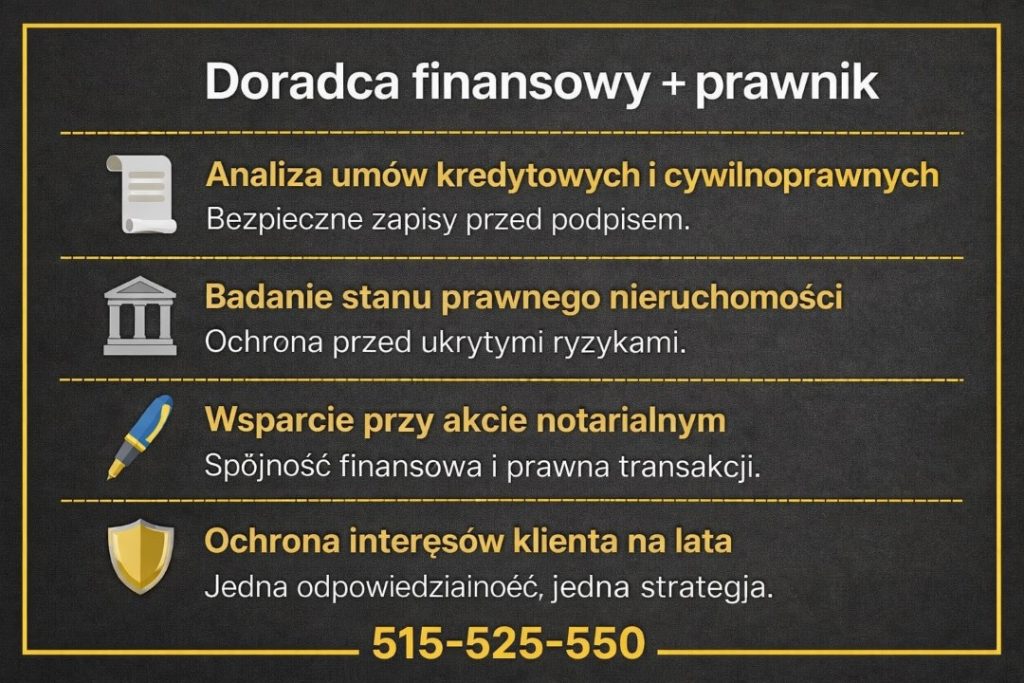 Ekspert kredytowy i prawnik zapewniający kompleksowe wsparcie przy kredycie hipotecznym. Grafika pokazuje analizę umów, badanie stanu prawnego nieruchomości oraz ochronę interesów klienta na etapie aktu notarialnego i całej transakcji.