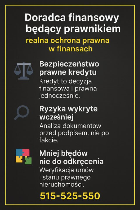 Doradca finansowy Zielona Góra będący prawnikiem – grafika prezentująca ochronę prawną w finansach. Analiza umów kredytowych, weryfikacja stanu prawnego nieruchomości oraz wykrywanie ryzyk przed podpisaniem dokumentów dla bezpiecznej decyzji finansowej.