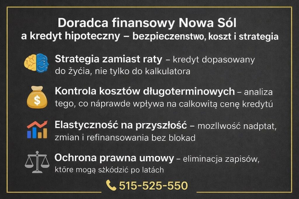Strategiczne podejście do kredytu hipotecznego – analiza kosztów długoterminowych, elastyczność na przyszłość, możliwość nadpłat oraz ochronę prawną umowy. Grafika akcentuje świadome decyzje i realne oszczędności klienta.