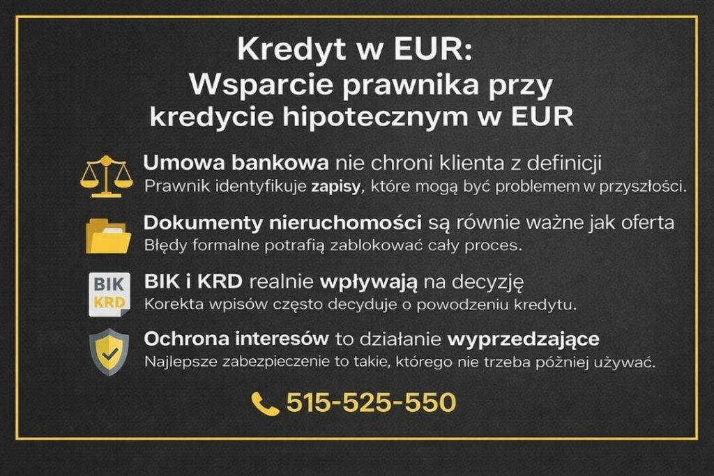Wsparcie prawnika przy kredycie hipotecznym w euro - grafika przedstawia znaczenie analizy umowy bankowej, dokumentów nieruchomości oraz korekty BIK i KRD. Ochrona interesów klienta przed ryzykami prawnymi i finansowymi.