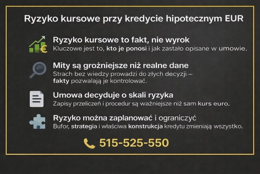 Ryzyko kursowe przy kredycie hipotecznym w euro - infografika wyjaśniająca fakty i mity. Znaczenie zapisów umowy, bufora finansowego oraz strategii ograniczania ryzyka walutowego przy długoterminowym kredycie mieszkaniowym.