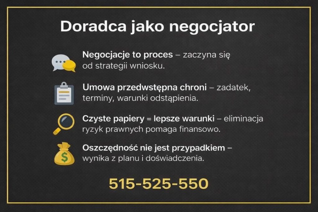 Doradca jako negocjator – kredyt hipoteczny EUR Gubin. Infografika pokazuje rolę strategii wniosku, ochronę umowy przedwstępnej, eliminację ryzyk prawnych i realne oszczędności wynikające z doświadczenia doradcy i prawnika.
