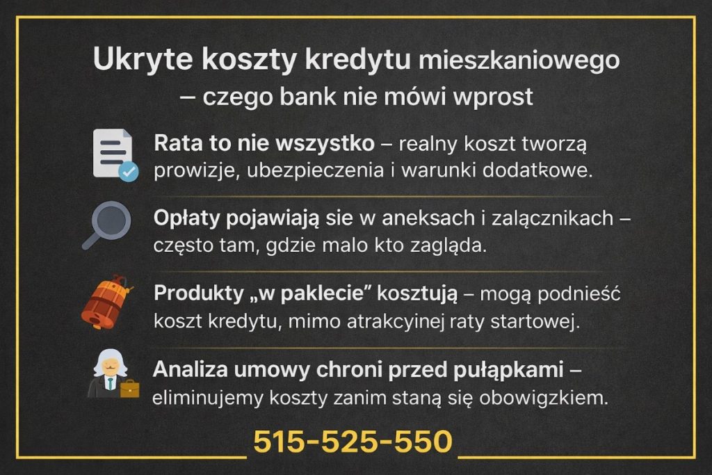 Infografika na ciemnym tle z ikonami: ukryte koszty kredytu - poza ratą dochodzą prowizje, ubezpieczenia i warunki dodatkowe; opłaty kryją się w aneksach i załącznikach; produkty „w pakiecie” podnoszą koszt, a analiza umowy chroni przed pułapkami. 515-525-550.