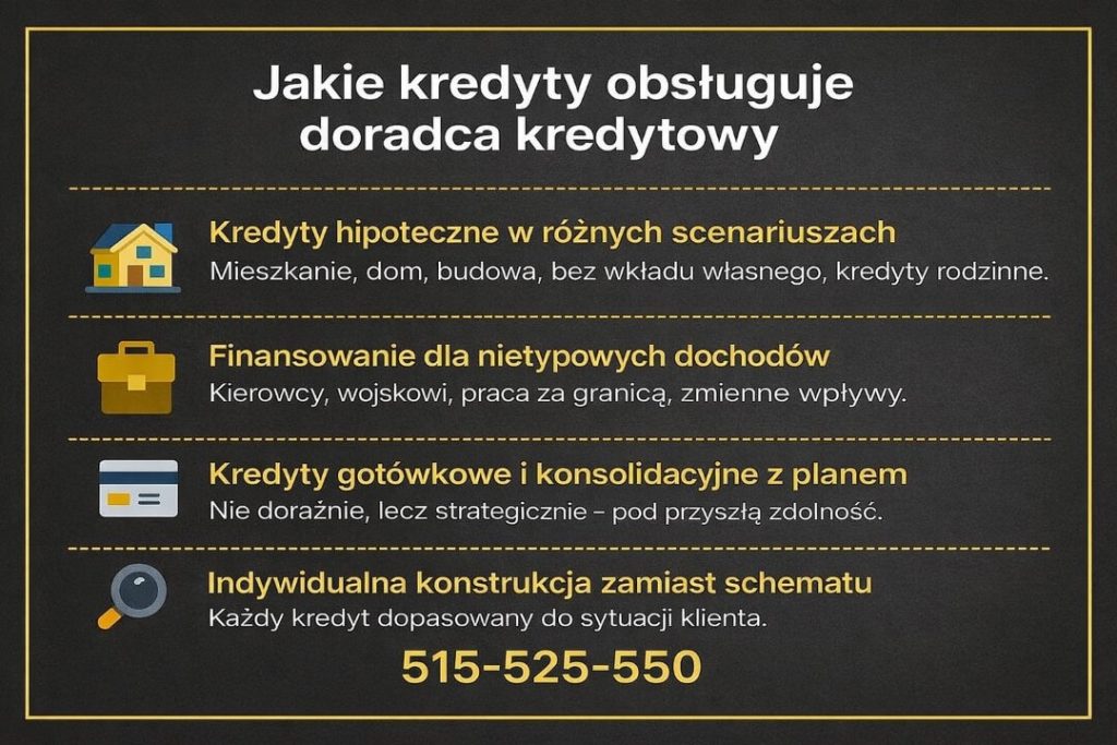 Profesjonalne doradztwo kredytowe obejmujące kredyty hipoteczne, gotówkowe i konsolidacyjne. Grafika pokazuje finansowanie mieszkań, domów, budowy oraz indywidualne podejście do klientów z nietypowymi dochodami i zmiennymi wpływami.