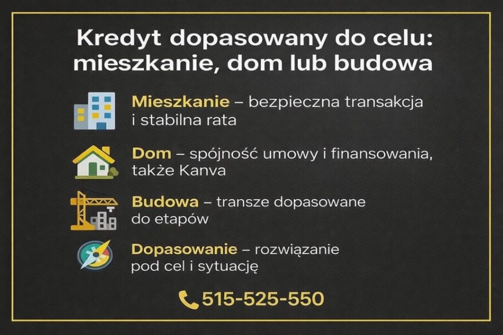 Doradca kredytowy Nowa Sól prezentujący rozwiązania kredytowe dopasowane do celu: zakup mieszkania, domu lub budowę. Infografika pokazuje stabilną ratę, spójność umowy i finansowania, etapowe transze oraz indywidualne podejście do sytuacji klienta.