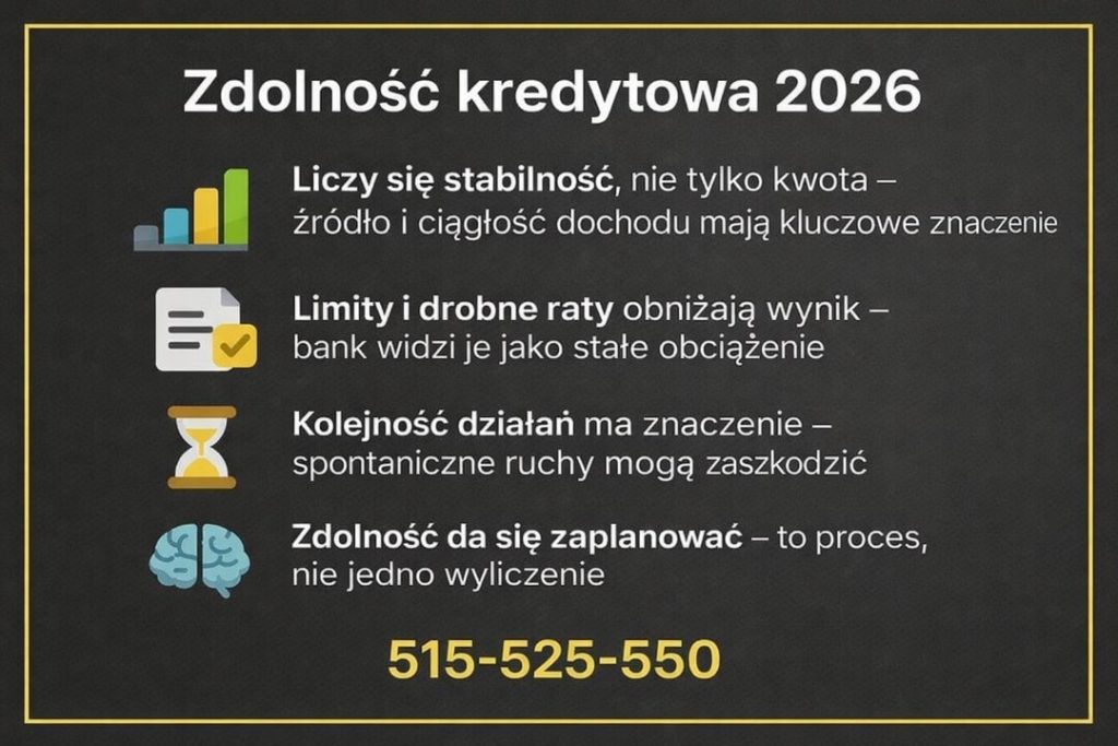 Zdolność kredytowa 2026 przy finansowaniu zakupu nieruchomości w Nowej Soli. Grafika pokazuje znaczenie stabilnego źródła dochodu, wpływ limitów i rat na ocenę banku, wagę kolejności działań oraz planowanie zdolności jako procesu, nie jednego wyliczenia.