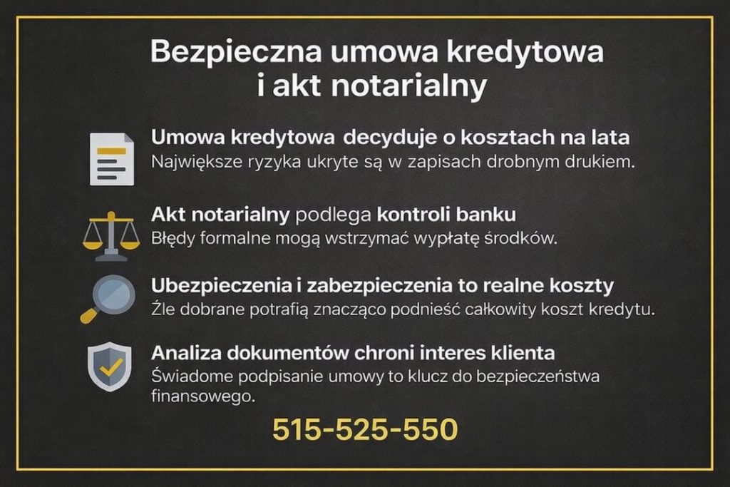 Kredyt hipoteczny Sulechów 2026 – bezpieczna umowa kredytowa i akt notarialny. Grafika wyjaśnia, jak zapisy umowy, kontrola notarialna, ubezpieczenia i analiza dokumentów wpływają na całkowity koszt kredytu i bezpieczeństwo klienta.