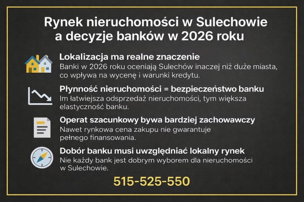 Kredyt hipoteczny Sulechów a rynek nieruchomości w 2026 roku – infografika pokazująca wpływ lokalizacji, płynności nieruchomości, operatu szacunkowego oraz właściwego doboru banku na warunki kredytu hipotecznego w Sulechowie.