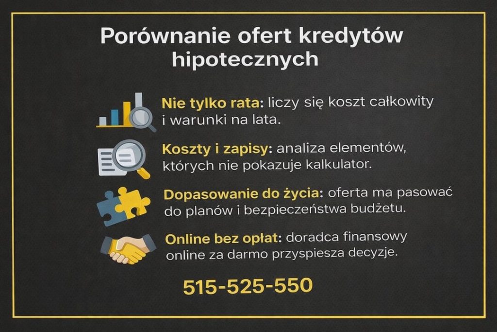 Profesjonalny doradca finansowy Sulechów analizujący i porównujący oferty kredytów hipotecznych. Grafika pokazuje znaczenie kosztu całkowitego, zapisów umownych oraz dopasowania kredytu do planów życiowych i bezpieczeństwa budżetu klienta.