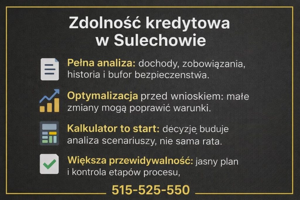 Kompleksowa zdolności kredytowej obejmującą dochody, zobowiązania, historię kredytową oraz bufor bezpieczeństwa. Profesjonalne doradztwo hipoteczne pomagające zwiększyć szanse na kredyt na mieszkanie lub dom.