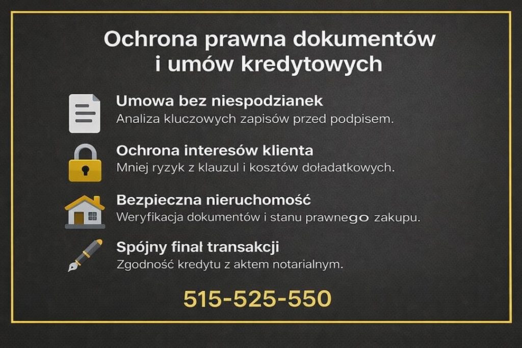 Ochrona prawna dokumentów i umów kredytowych, analiza zapisów przed podpisem, weryfikacja stanu prawnego nieruchomości oraz zapewnienie spójności kredytu z aktem notarialnym i interesem klienta.