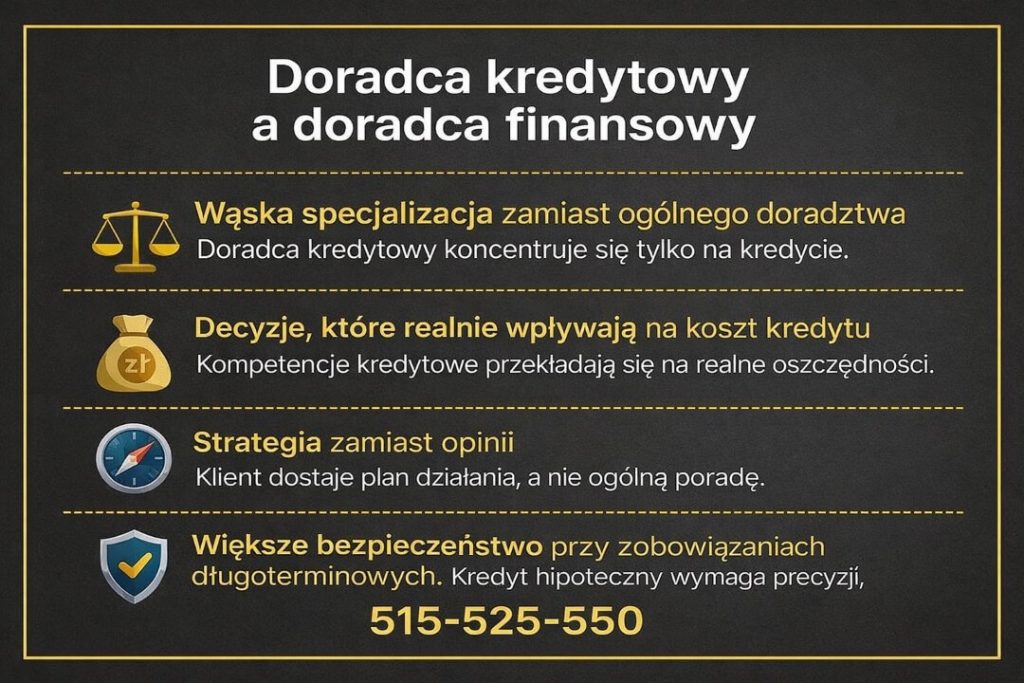 Porównanie specjalisty kredytowego i doradcy finansowego. Ilustracja wskazuje na wąską specjalizację kredytową, większe bezpieczeństwo przy zobowiązaniach długoterminowych oraz strategiczne podejście do kosztów kredytu hipotecznego.