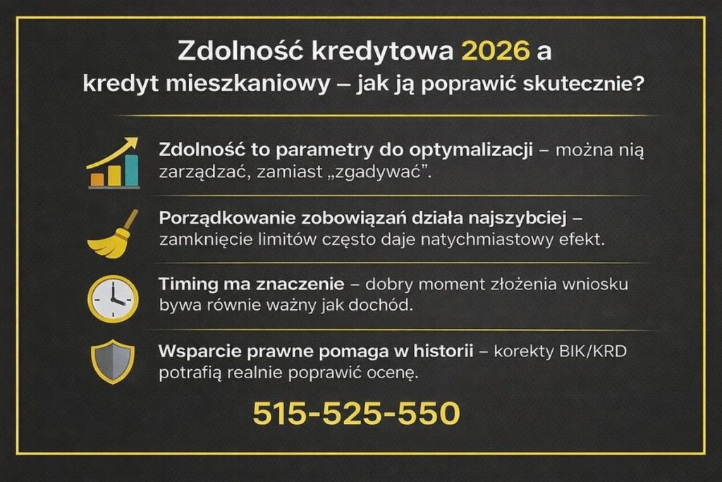 Infografika: zdolność kredytowa 2026 a finansowanie mieszkania - zdolność to parametry do optymalizacji; szybko działa porządek w zobowiązaniach (zamykanie limitów); liczy się timing wniosku; wsparcie prawne w korektach BIK/KRD może poprawić ocenę. 515-525-550.