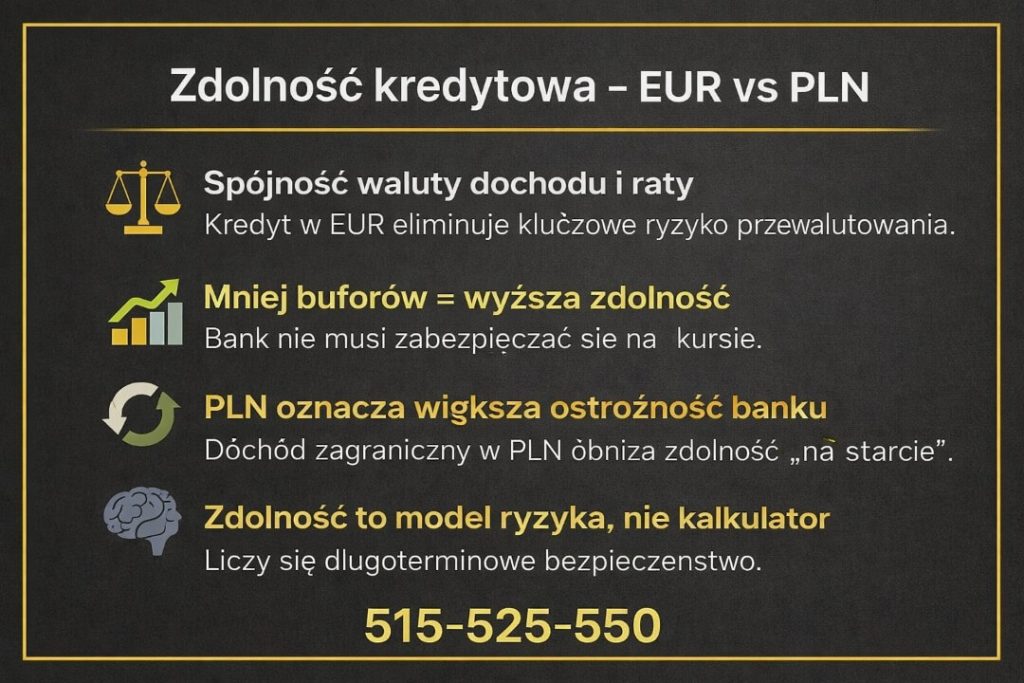 Kredyt hipoteczny w walucie obcej - porównanie zdolności kredytowej w EUR i PLN. Grafika pokazuje, że spójność waluty dochodu i raty eliminuje ryzyko przewalutowania, zmniejsza bufory bankowe i wpływa na długoterminowe bezpieczeństwo finansowe kredytobiorcy. 