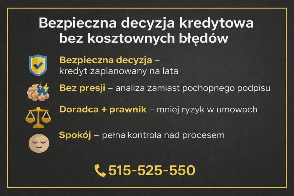 Doradca kredytowy Nowa Sól jako ekspert kredytowy i prawnik w jednym, wspierający klientów w bezpiecznym wyborze kredytu hipotecznego. Grafika podkreśla brak presji, analizę umów, planowanie kredytu na lata oraz pełną kontrolę nad procesem finansowania.