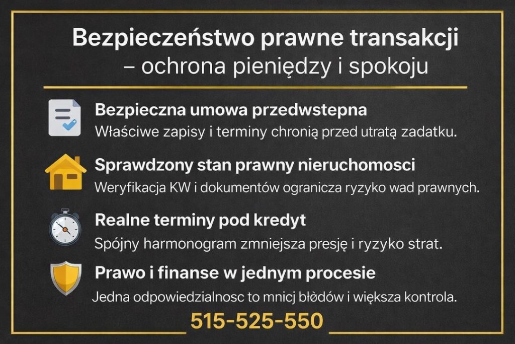 Bezpieczeństwo prawne transakcji. Doradca kredytowy i prawnik w jednym sprawdza umowę przedwstępną, stan prawny nieruchomości oraz harmonogram kredytu, chroniąc klienta przed ryzykiem finansowym i utratą pieniędzy.
