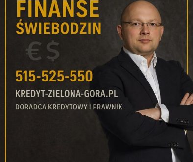 Grafika promocyjna: Finanse Świebodzin – doradca kredytowy i prawnik przedstawia wsparcie w wyborze kredytu hipotecznego, analizie zdolności oraz porównaniu ofert banków dla klientów. Złota typografia na ciemnym tle symbole € i $, kontakt 515-525-550, kredyt-zielona-gora.pl.