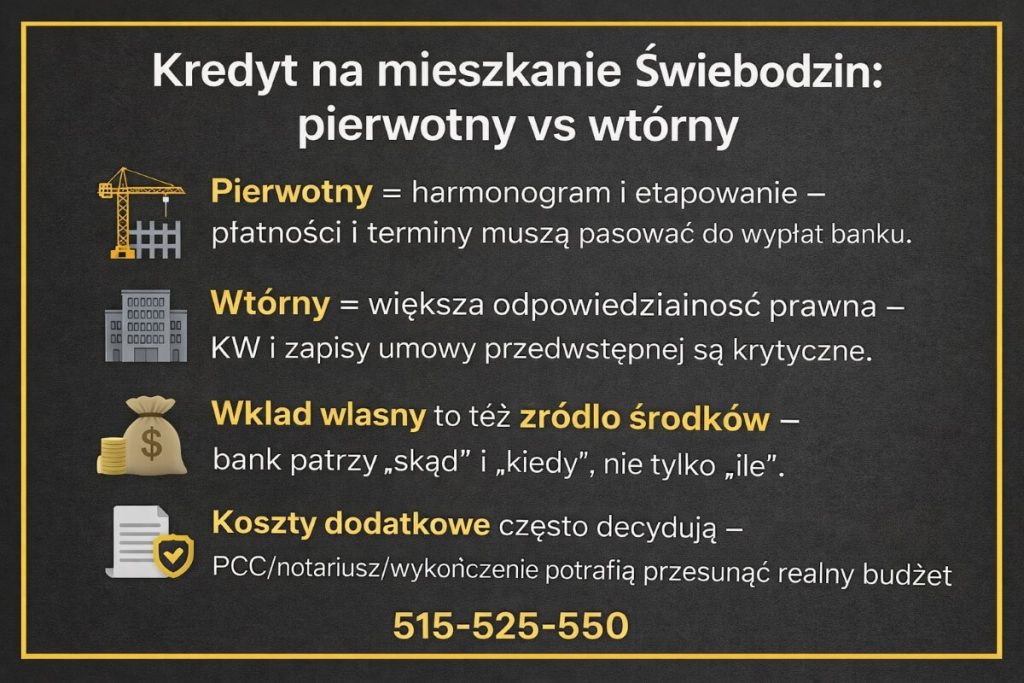 Infografika: "Kredyt na zakup domu Świebodzin" z ikonami domu, kompasu, cegieł i ognia. Pokazuje ryzyka: zmienność wyceny, status drogi i służebności, koszty modernizacji oraz utrzymania domu. Kontakt 515-525-550. Złota ramka. Wskazówki dla klientów z okolicy.