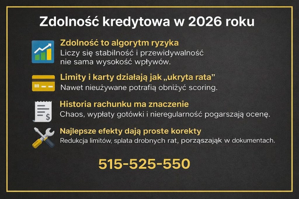 Grafika „Zdolność kredytowa w 2026 roku” z ikonami wykresu, karty, dokumentu i narzędzi. Wyjaśnia wpływ stabilności dochodu, limitów jako ukrytej raty, historii rachunku oraz prostych korekt poprawiających scoring. Telefon 515-525-550. Telefon na grafice.