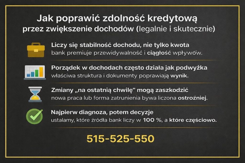 Jak poprawić zdolność kredytową przez legalne i skuteczne zwiększenie dochodów. Infografika pokazuje znaczenie stabilności wpływów, porządku w dokumentach, unikania zmian na ostatnią chwilę oraz prawidłowej diagnozy źródeł dochodu.