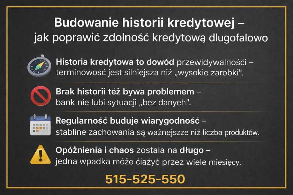 Budowanie historii kredytowej jako klucz do zwiększenia zdolności kredytowej w długim okresie. Grafika pokazuje, że terminowość spłat, regularność zachowań finansowych i unikanie opóźnień są ważniejsze niż wysoki dochód.
