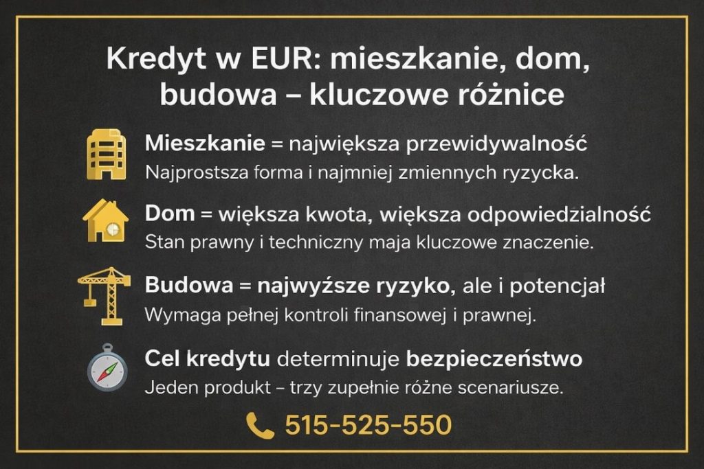 Kredyt hipoteczny EUR na mieszkanie, dom lub budowę - porównanie ryzyk i różnic między celami finansowania. Infografika pokazuje przewidywalność mieszkania, większą odpowiedzialność przy domu oraz ryzyko i potencjał budowy.