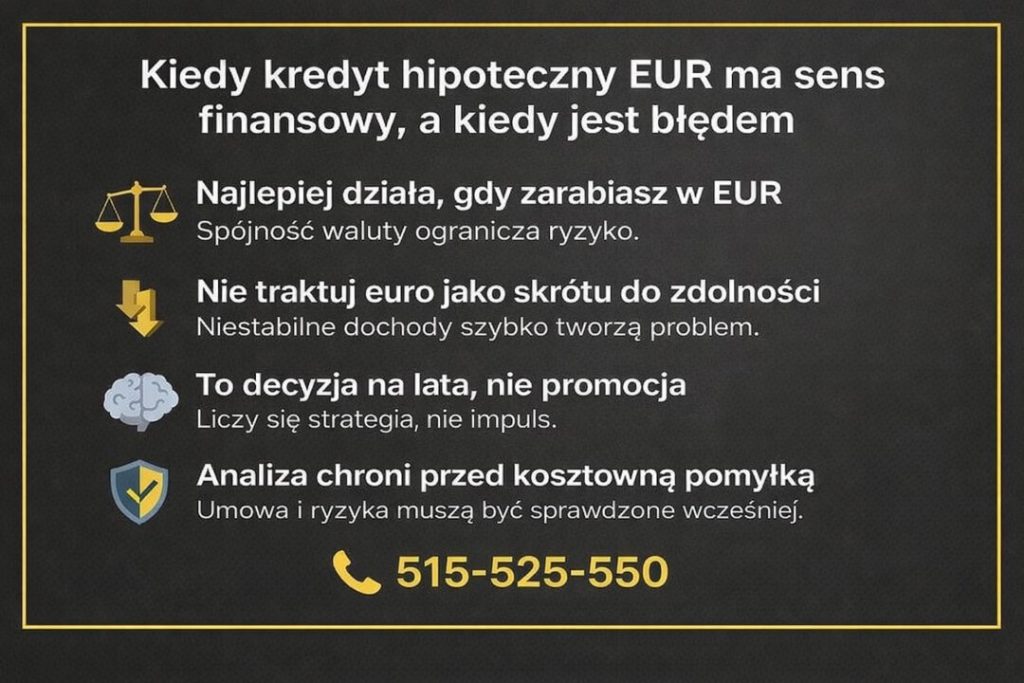 Kredyt hipoteczny w euro - analiza, kiedy finansowanie w EUR ma sens, a kiedy jest błędem. Grafika pokazuje znaczenie dochodu w euro, długoterminowej strategii, stabilności finansowej oraz konieczności sprawdzenia umowy i ryzyk.