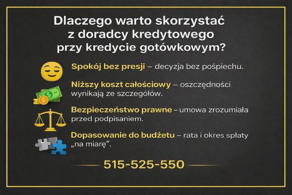 Kredyt gotówkowy Zielona Góra – infografika pokazująca, dlaczego warto skorzystać z doradcy kredytowego przy kredycie gotówkowym. Spokój bez presji, niższy koszt całkowity, bezpieczeństwo prawne umowy oraz dopasowanie raty i okresu spłaty do realnego budżetu klienta.