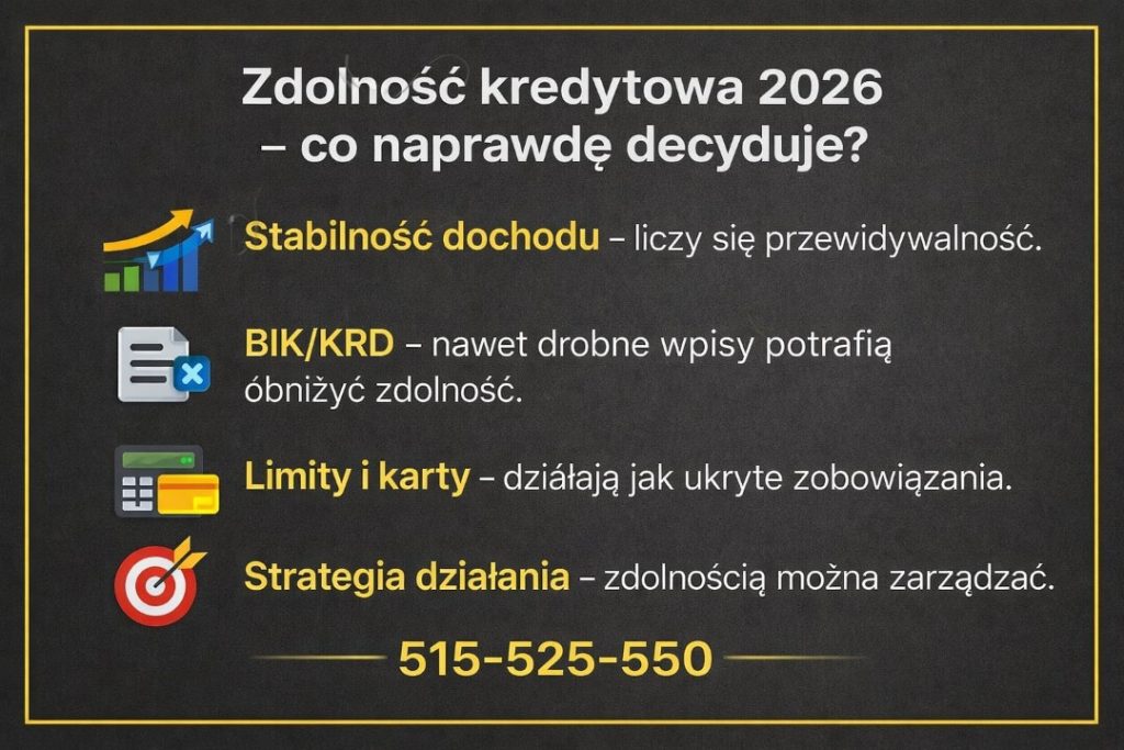 Infografika wyjaśniająca, co wpływa na zdolność kredytową w 2026 roku. Stabilność dochodu, wpisy BIK i KRD, limity kart i kont oraz strategia działania, dzięki której zdolnością kredytową można świadomie zarządzać i poprawić warunki finansowania.