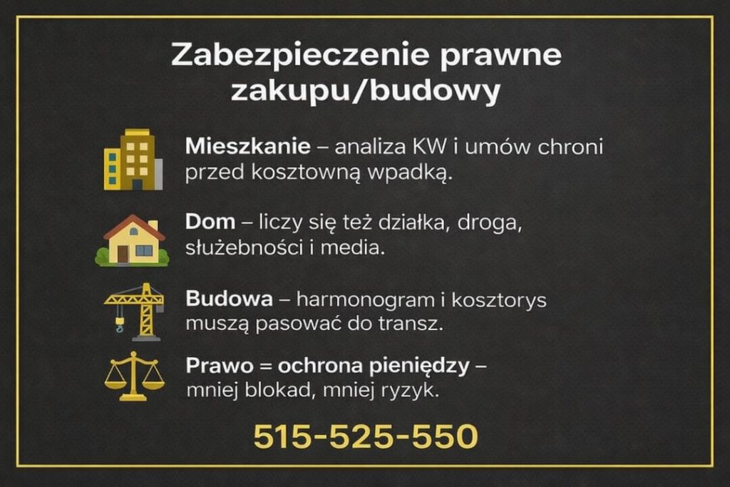 Bezpieczny kredyt mieszkaniowy w euro Gubin – wsparcie prawne. Grafika prezentuje analizę księgi wieczystej i umów, weryfikację działki i mediów przy domu, kontrolę harmonogramu budowy oraz ochronę pieniędzy klienta.