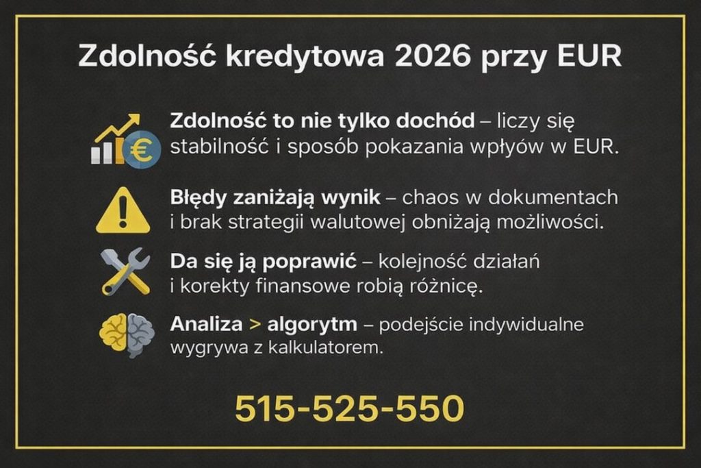 Zdolność kredytowa 2026 przy EUR – kredyt hipoteczny EUR Gubin. Infografika pokazująca, że liczy się stabilność dochodu, poprawna dokumentacja, strategia walutowa i indywidualna analiza zamiast kalkulatora przy ocenie zdolności kredytowej.