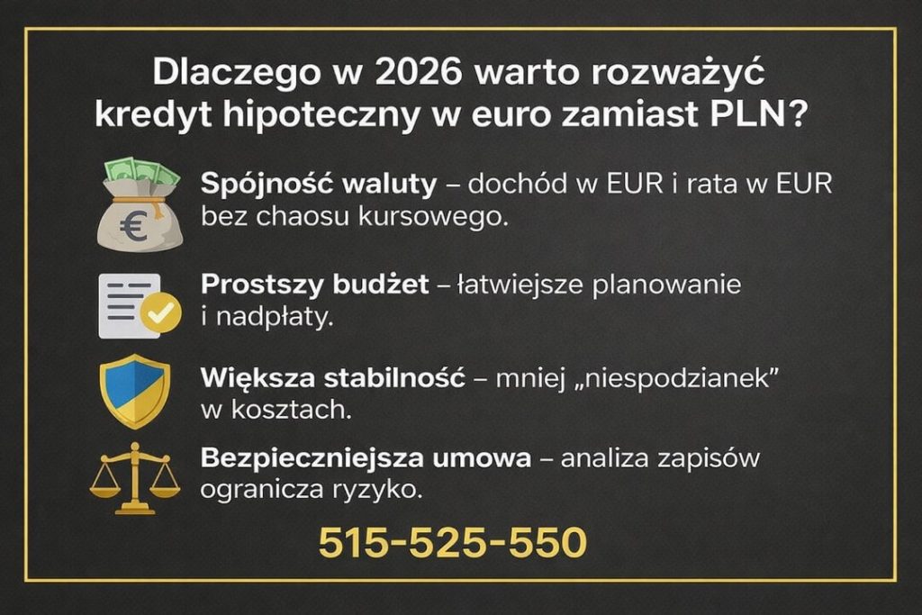 Kredyt hipoteczny EUR Nowa Sól w porównaniu do kredytu w PLN w 2026 roku. Infografika pokazuje spójność waluty dochodu i raty, prostsze planowanie budżetu, większą stabilność kosztów oraz znaczenie analizy umowy dla bezpieczeństwa kredytobiorcy.