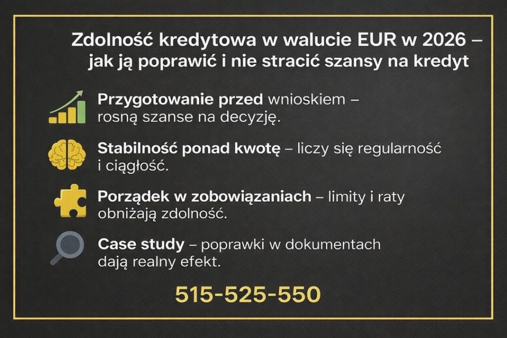 Zdolność kredytowa przy kredycie hipotecznym w euro w Nowej Soli w 2026 roku. Grafika pokazuje znaczenie przygotowania przed wnioskiem, stabilności dochodów, porządku w zobowiązaniach oraz analizy dokumentów, które realnie zwiększają szanse na kredyt.