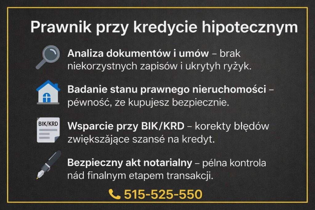 Prawnik przy kredycie na nieruchomość w Gubinie przedstawiony na infografice. Analiza dokumentów i umów, badanie stanu prawnego nieruchomości, wsparcie przy BIK i KRD oraz bezpieczny akt notarialny przy kredycie hipotecznym.