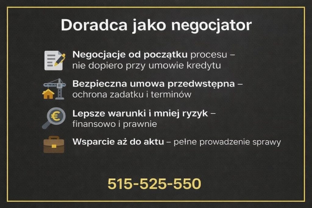 Doradca kredytowy negocjujący warunki kredytu od początku procesu. Bezpieczna umowa przedwstępna, ochrona zadatku i terminów, lepsze warunki finansowe oraz mniejsze ryzyko prawne dzięki kompleksowemu wsparciu aż do aktu notarialnego.