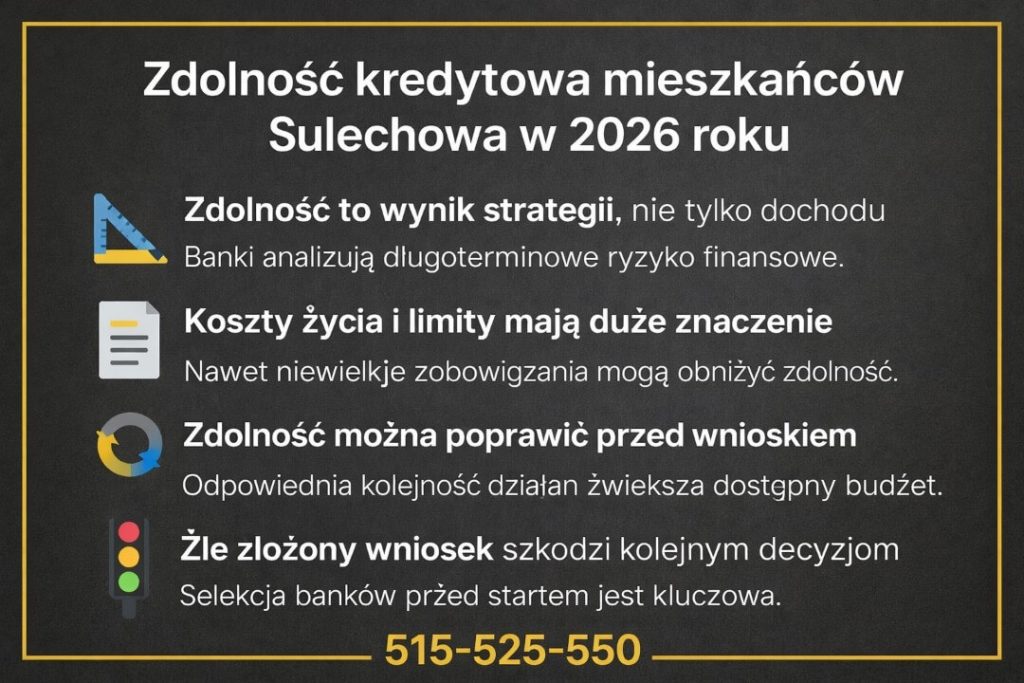 Zdolność kredytowa mieszkańców Sulechowa w 2026 roku przy kredycie hipotecznym – infografika pokazująca, że banki analizują strategię finansową, koszty życia, limity kredytowe oraz kolejność działań przed złożeniem wniosku o kredyt hipoteczny.