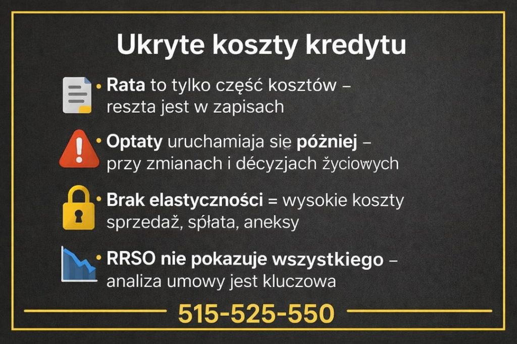Infografika pokazująca ukryte koszty kredytu hipotecznego, które nie są widoczne w racie miesięcznej. Analiza zapisów umowy, opłat uruchamianych przy zmianach życiowych, braku elastyczności oraz ograniczeń, których nie pokazuje samo RRSO.