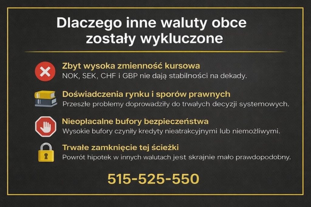 Grafika wyjaśnia, dlaczego NOK, SEK, CHF i GBP zostały wykluczone z kredytów hipotecznych. Zbyt wysoka zmienność kursowa, doświadczenia sporów prawnych oraz nieopłacalne bufory bezpieczeństwa zamknęły tę ścieżkę finansowania. 