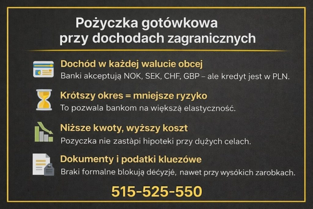 Finansowanie nieruchomości przy dochodach zagranicznych - grafika wyjaśnia zasady pożyczki gotówkowej w PLN przy zarobkach w walutach obcych. Banki akceptują różne waluty, lecz krótszy okres, wyższy koszt i wymogi dokumentowe odróżniają ten produkt od hipoteki. 