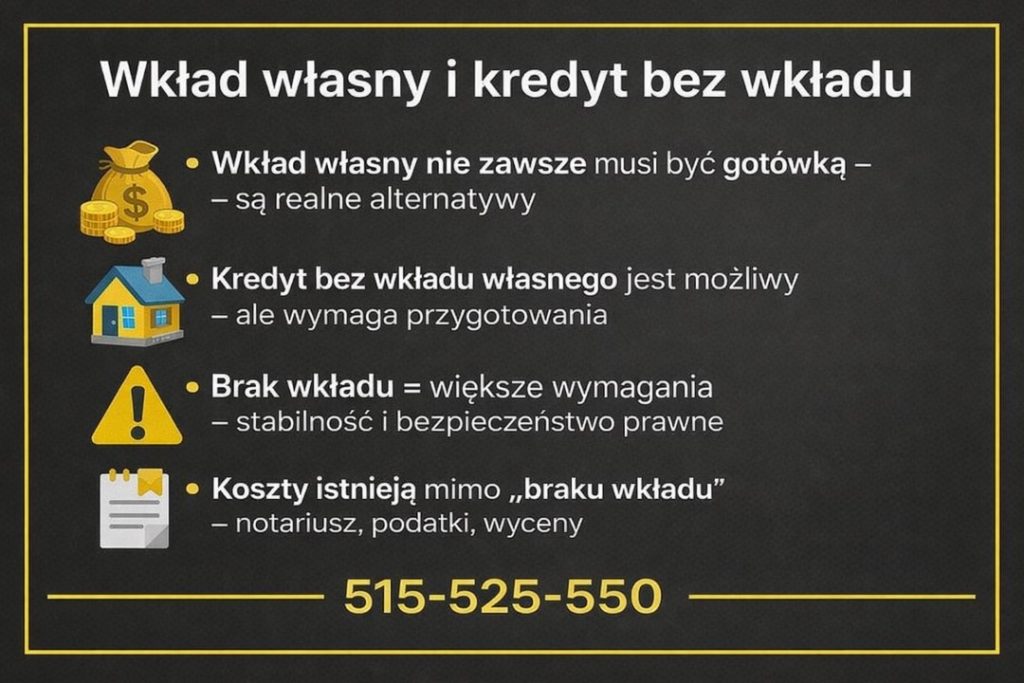 Kredyt hipoteczny z wkładem własnym lub bez wkładu - grafika wyjaśniająca alternatywy dla gotówki, możliwości uzyskania kredytu bez wkładu własnego oraz dodatkowe koszty takie jak notariusz, podatki i wycena nieruchomości, które pojawiają się mimo braku wkładu.