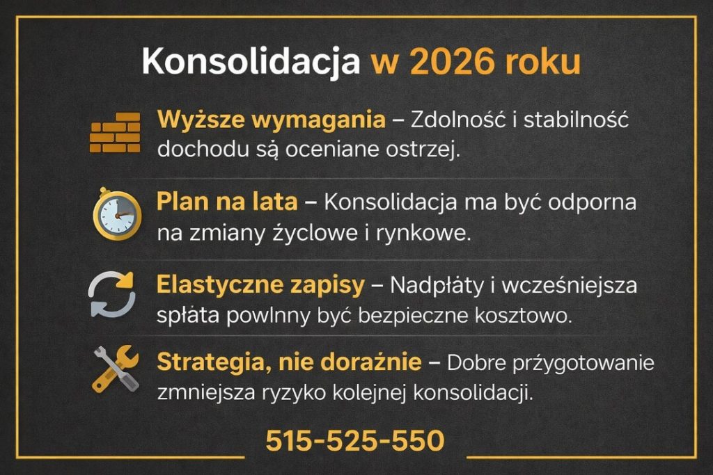 Kredyt konsolidacyjny Nowa Sól w 2026 roku – infografika pokazująca wyższe wymagania banków, znaczenie stabilności dochodu oraz elastycznych zapisów umownych. Konsolidacja przygotowana strategicznie, odporna na zmiany życiowe i rynkowe.