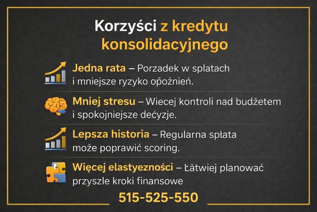 Korzyści z konsolidacji w Nowej Soli. Grafika przedstawia jedną ratę zamiast wielu zobowiązań, mniejszy stres, poprawę historii kredytowej oraz większą elastyczność finansową. Połączenie kredytów w jedną ratę z pomocą doradcy i prawnika.