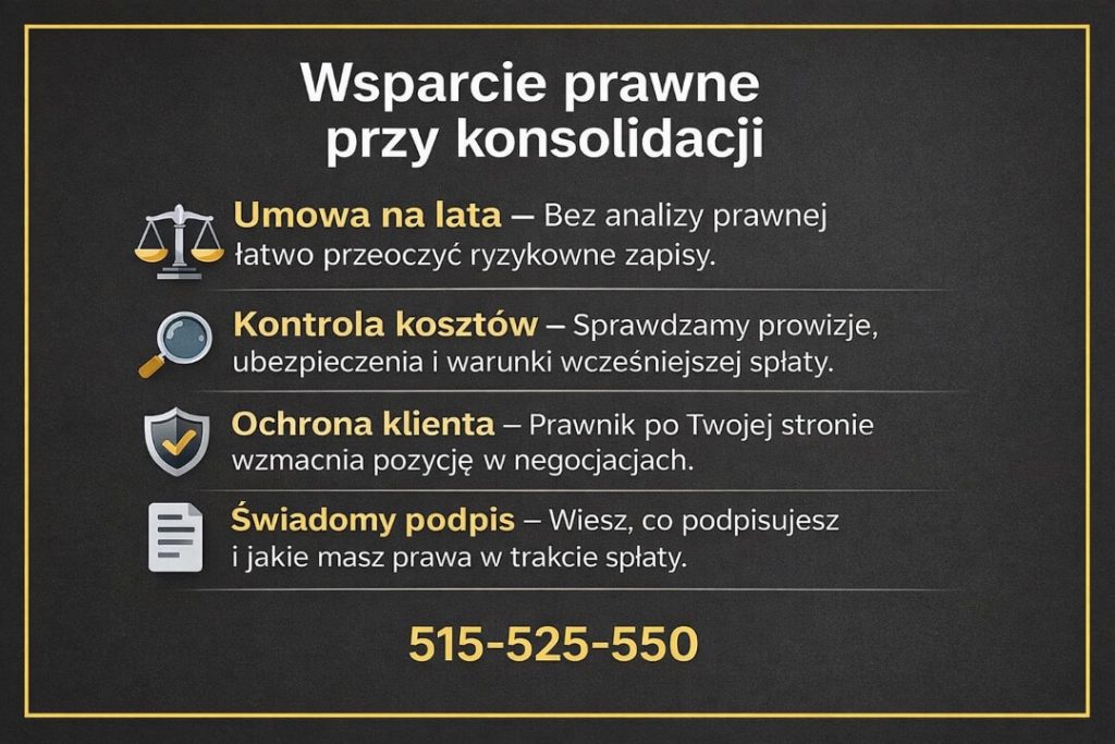 Wsparcie prawne przy kredycie konsolidacyjnym w Nowej Soli. Infografika pokazuje analizę umowy, kontrolę prowizji i ubezpieczeń oraz ochronę klienta przez prawnika. Kredyt konsolidacyjny Nowa Sól z bezpiecznymi zapisami i świadomym podpisem umowy.